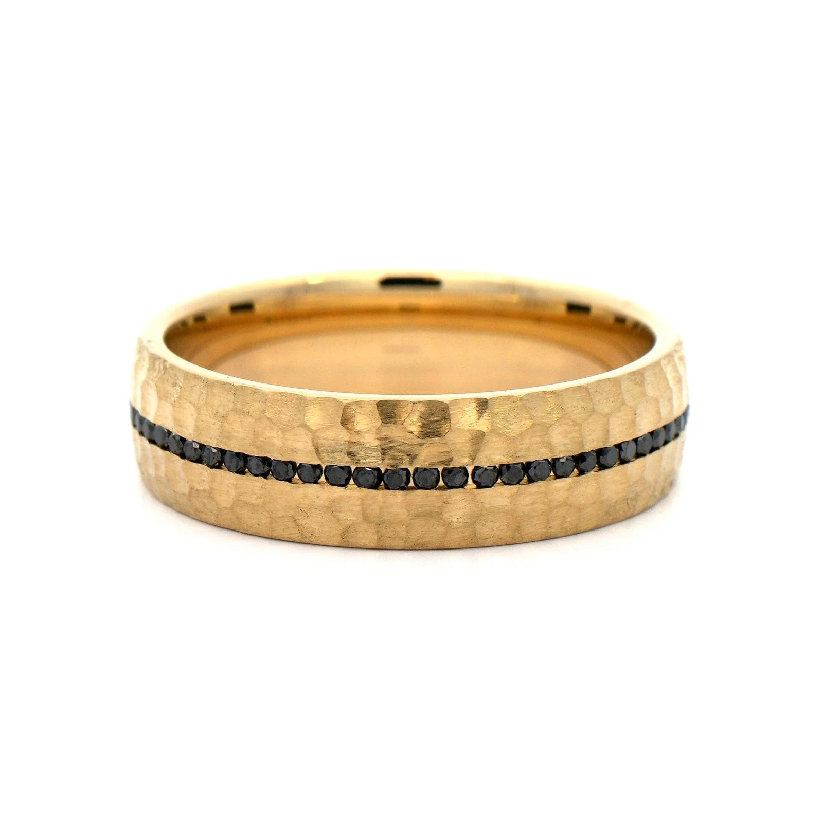 14K Yellow Gold Black Diamond Hammered Satin Band