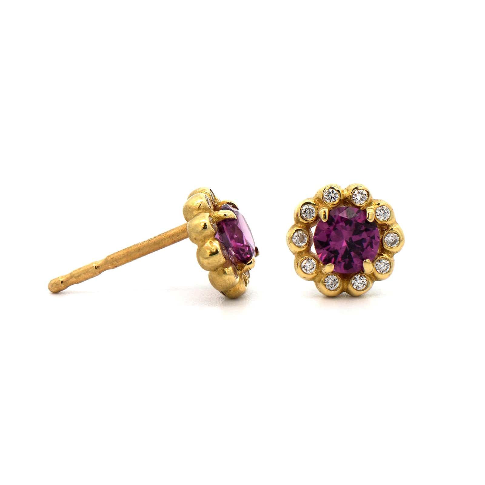 Suzy Landa 18K Yellow Gold Purple Garnet and Diamond Stud Earrings - Image 3