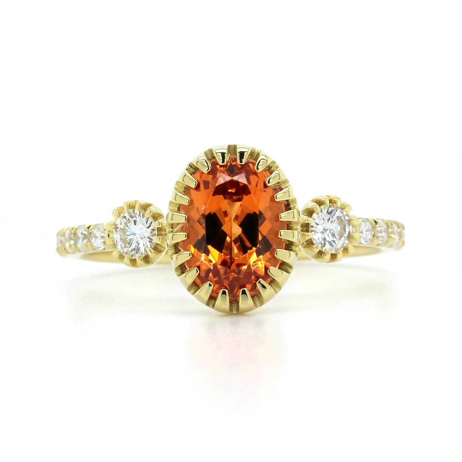18K Yellow Gold Oval Garnet Diamond 3 Stone Ring