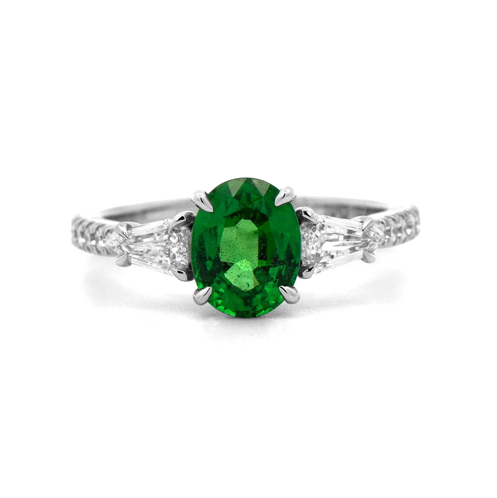 Platinum Oval Tsavorite Three Stone Diamond Ring