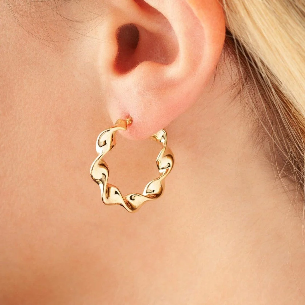 14K Yellow Gold Medium Flat Twisted Hoop Earrings - Image 2