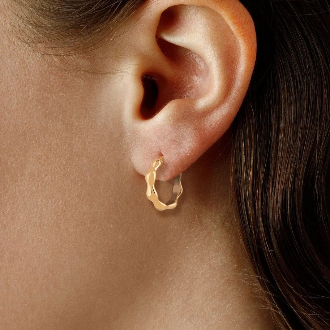 14K Yellow Gold Small Wavy Hoop Earrings - Image 2