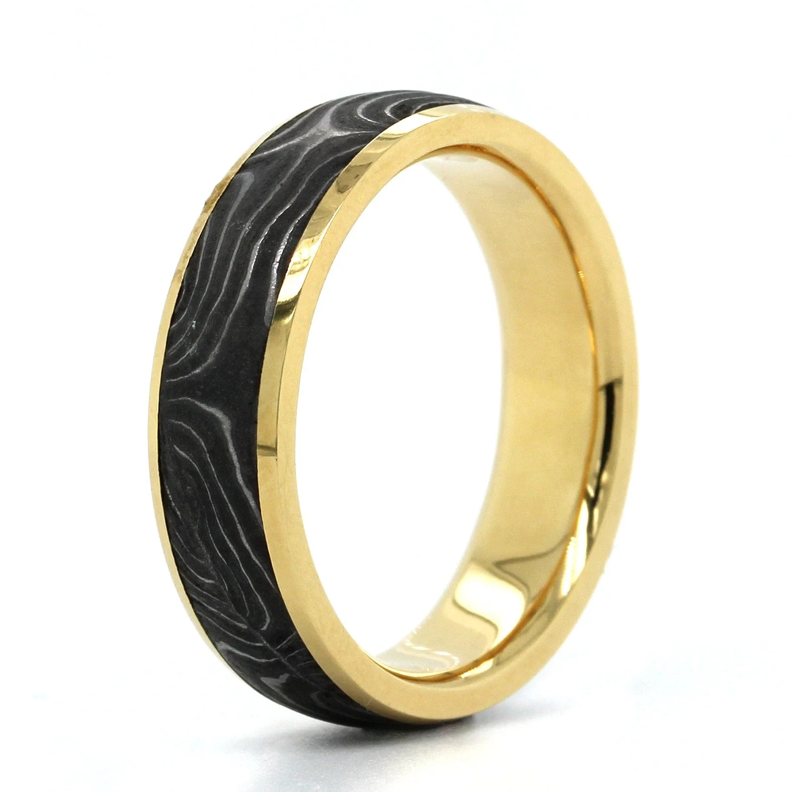 18K Yellow Gold and Damascus Steel Shotgun Barrel Wedding Band - Image 2
