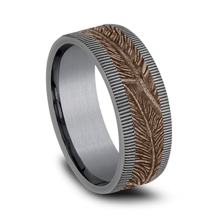 14K Rose Gold Feather Design Center Grey Tantalum Edge Band - Image 4