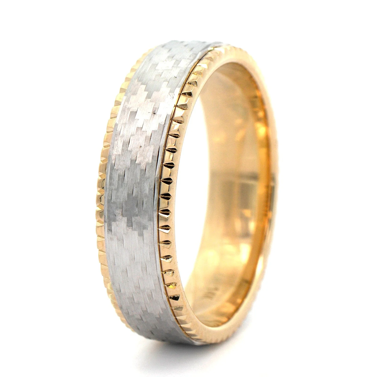 14K Yellow and White Gold Textured Center and Grooved Edge Heritage Band - Image 2