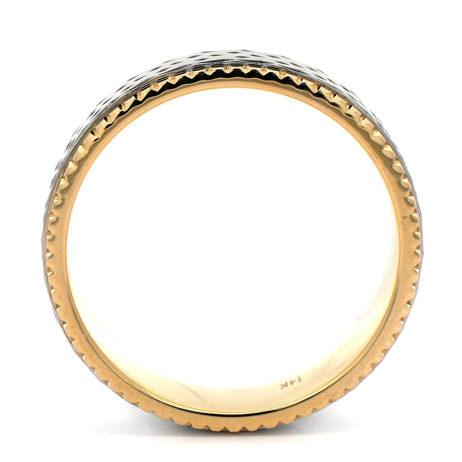 14K Yellow and White Gold Textured Center and Grooved Edge Heritage Band - Image 3