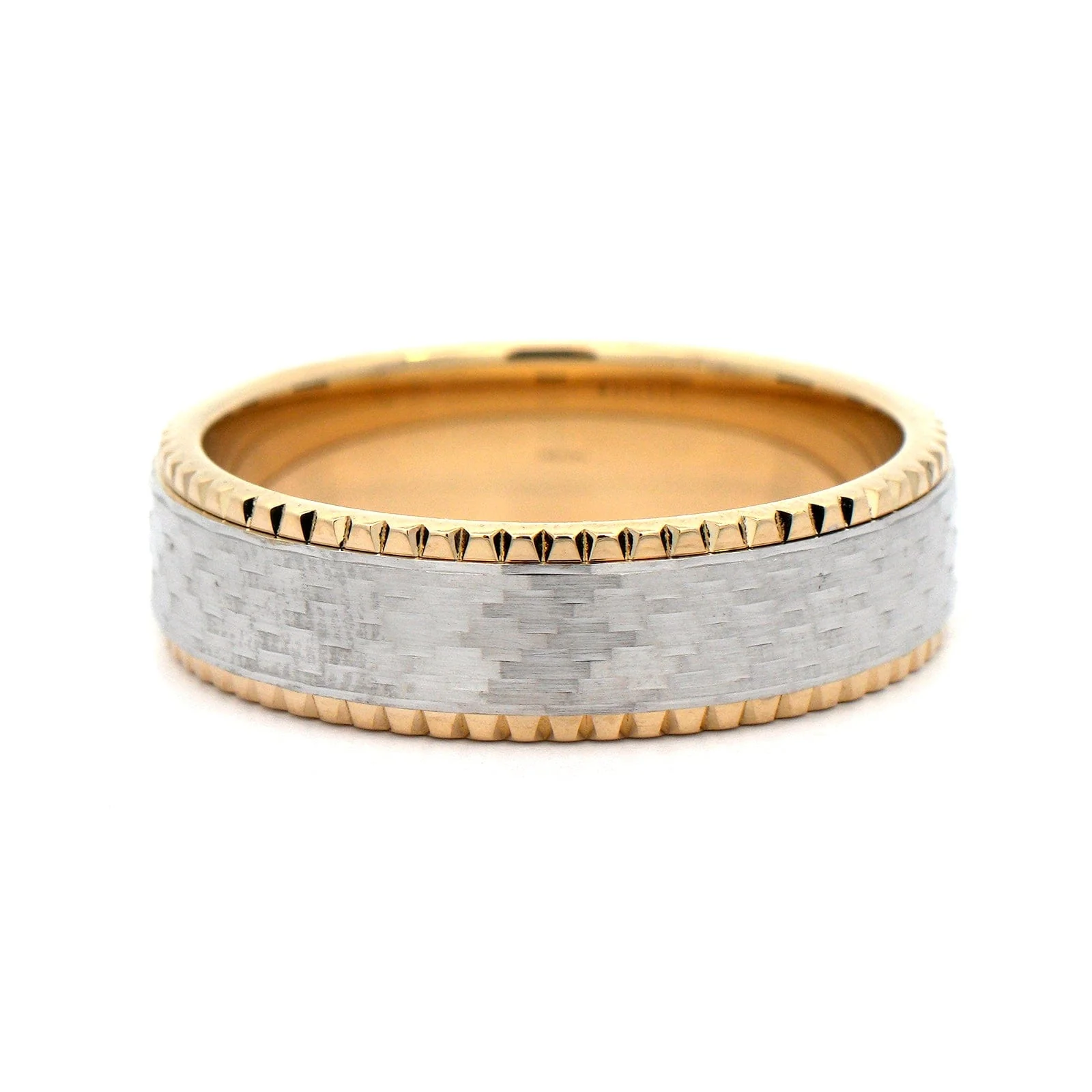 14K Yellow and White Gold Textured Center and Grooved Edge Heritage Band - Image 5