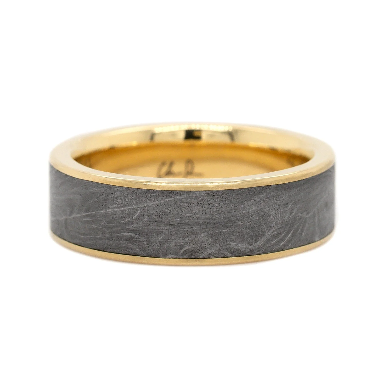 18K Yellow Gold and Damascus Steel Shotgun Barrel Wedding Band
