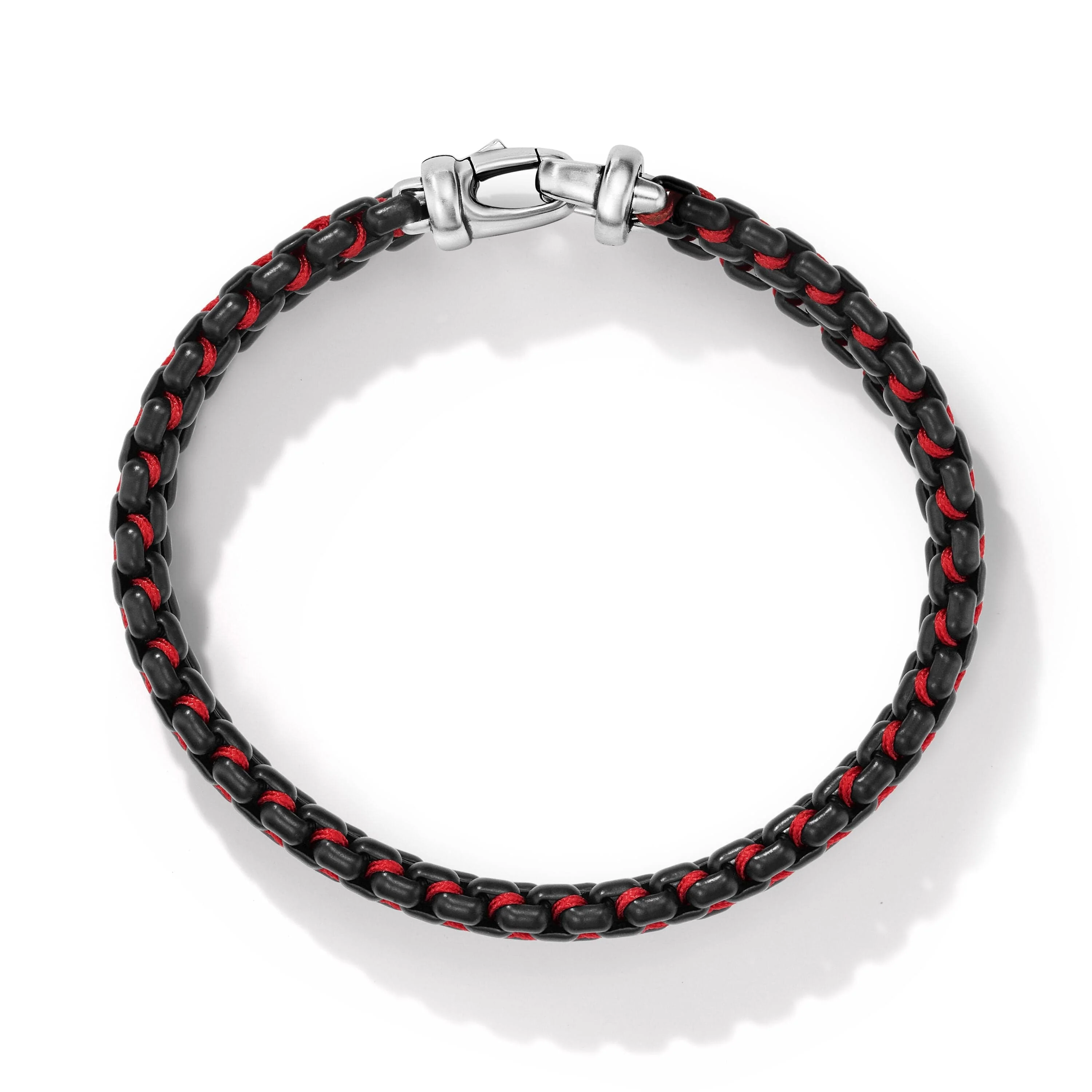 Woven Box Chain Bracelet in Sterling Silver with Black Stainless Steel and Red Nylon - Image 2