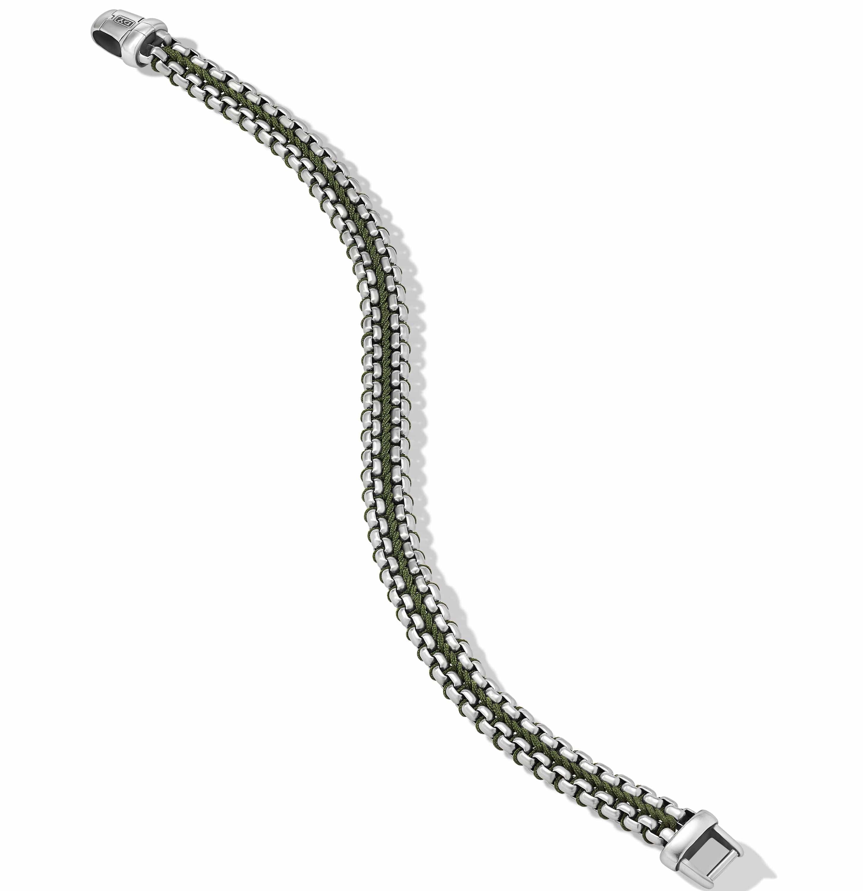 Woven Box Chain Bracelet in Sterling Silver with Green Nylon, 10mm - Image 3