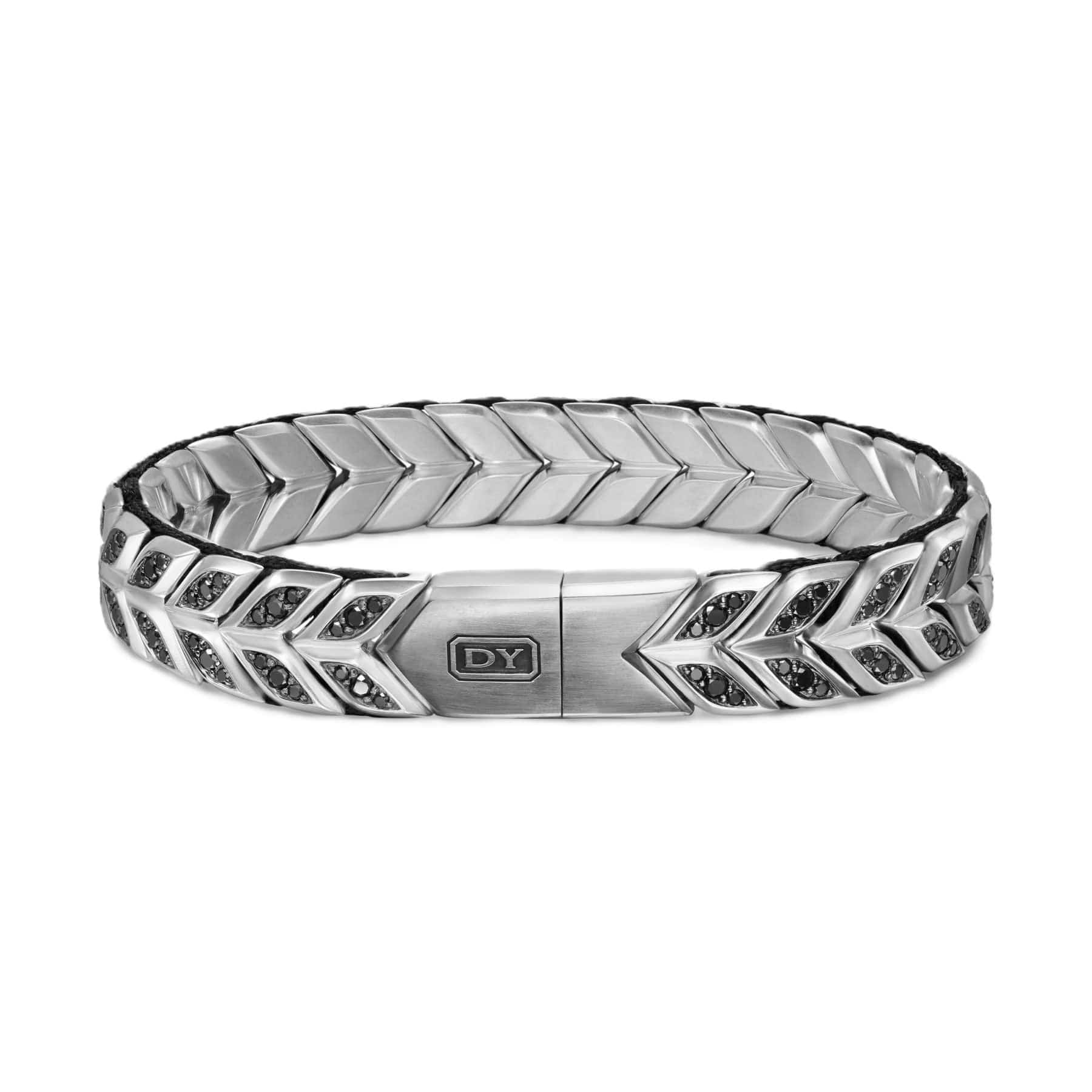 Chevron Woven Bracelet Sterling Silver with Black Diamonds and Black Nylon, 12mm - Image 3