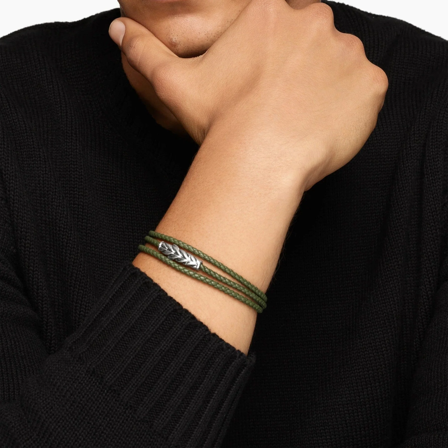 Chevron Triple Wrap Bracelet Green Leather with Sterling Silver, 3mm - Image 3