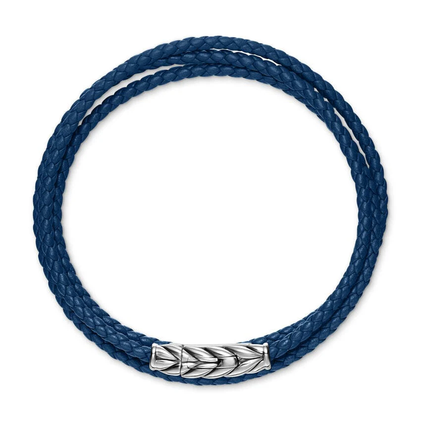 Chevron Triple Wrap Bracelet in Blue Leather with Sterling Silver, 3mm - Image 2