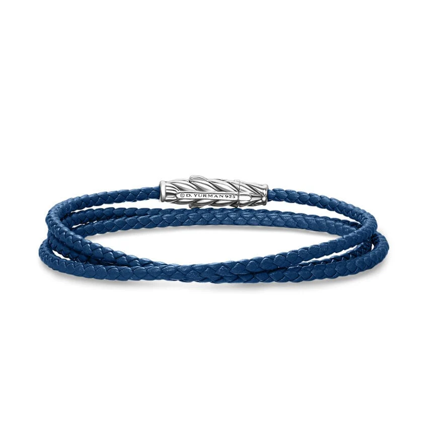 Chevron Triple Wrap Bracelet in Blue Leather with Sterling Silver, 3mm - Image 3