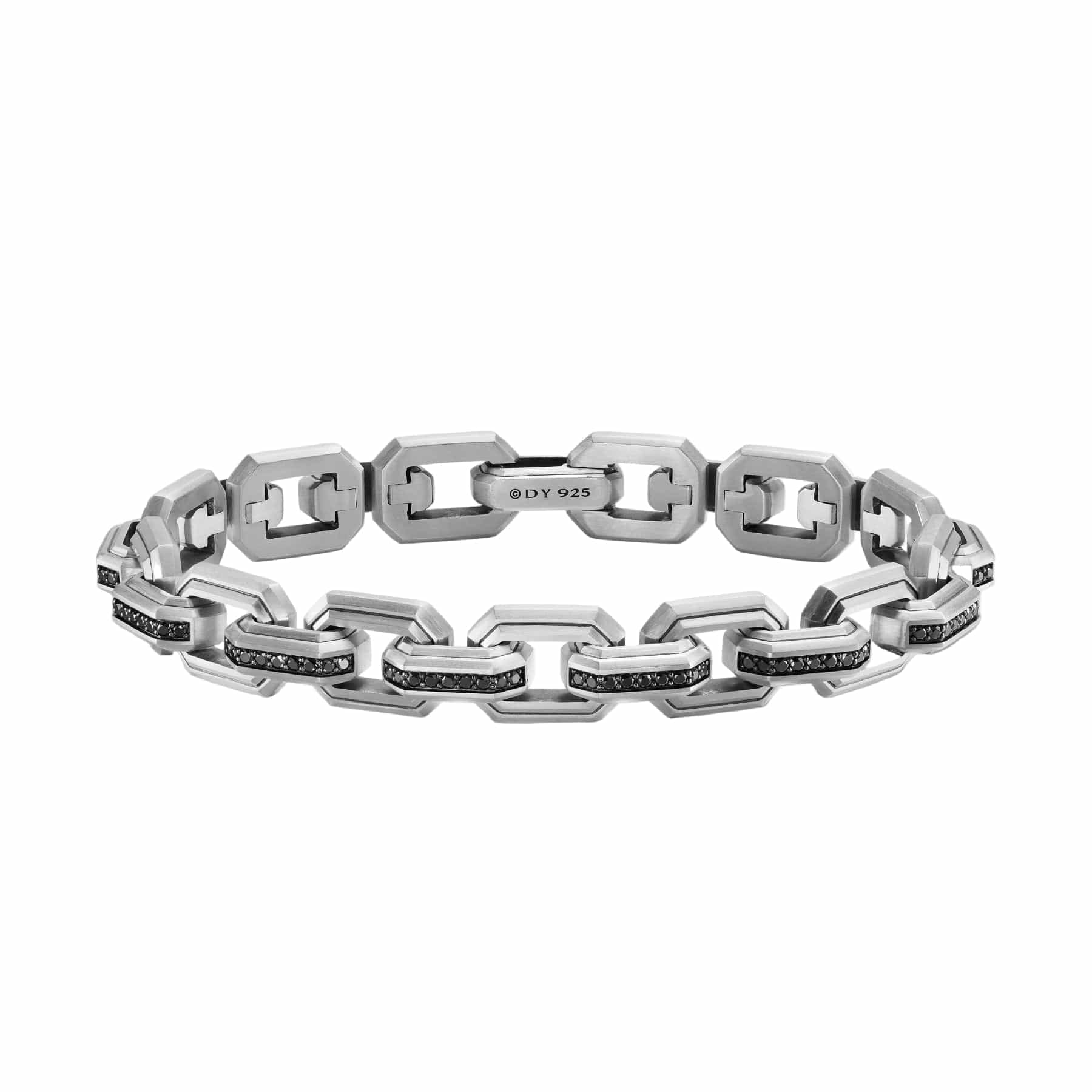 Faceted Flat Link Bracelet Sterling Silver with Black Diamonds, 11mm