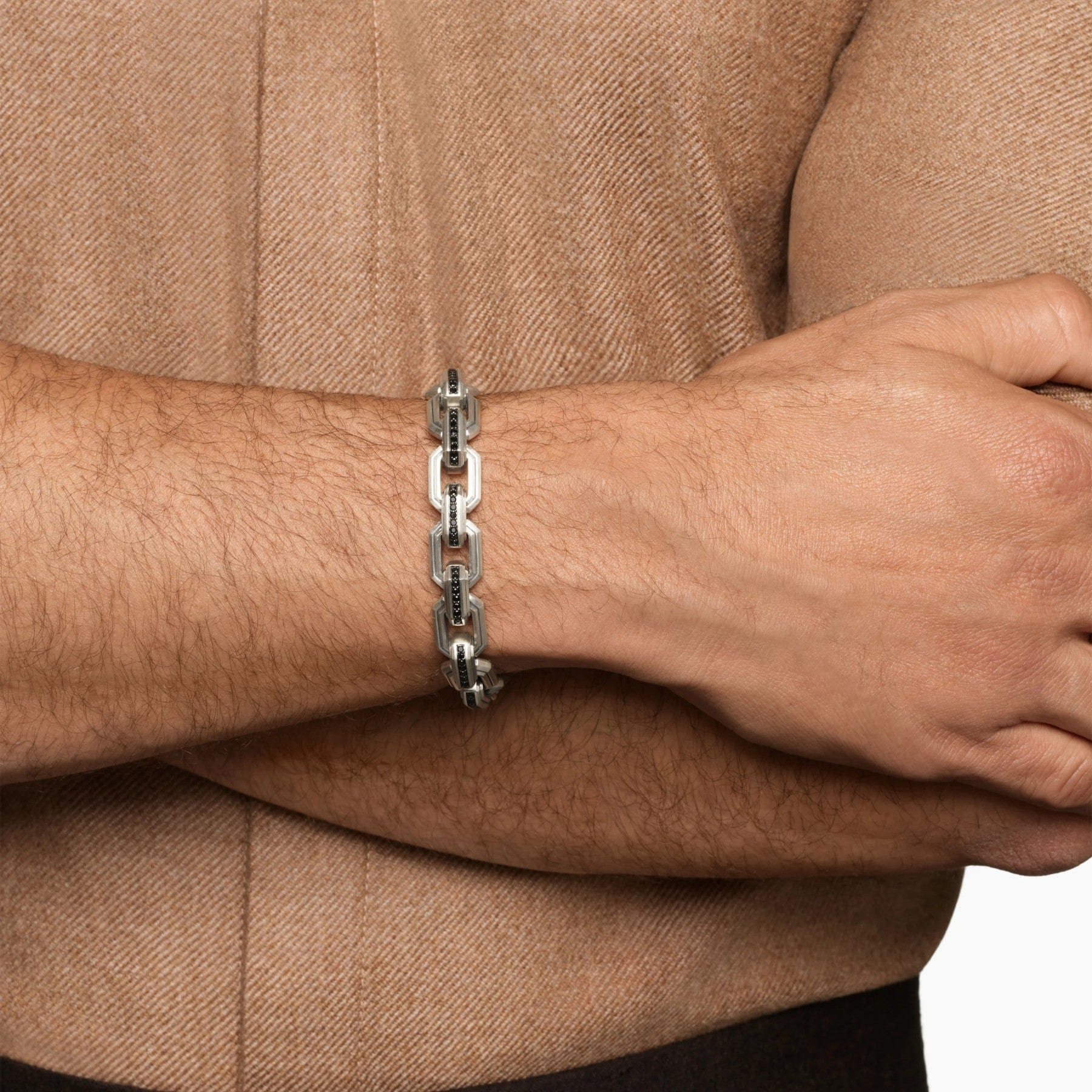 Faceted Flat Link Bracelet Sterling Silver with Black Diamonds, 11mm - Image 3