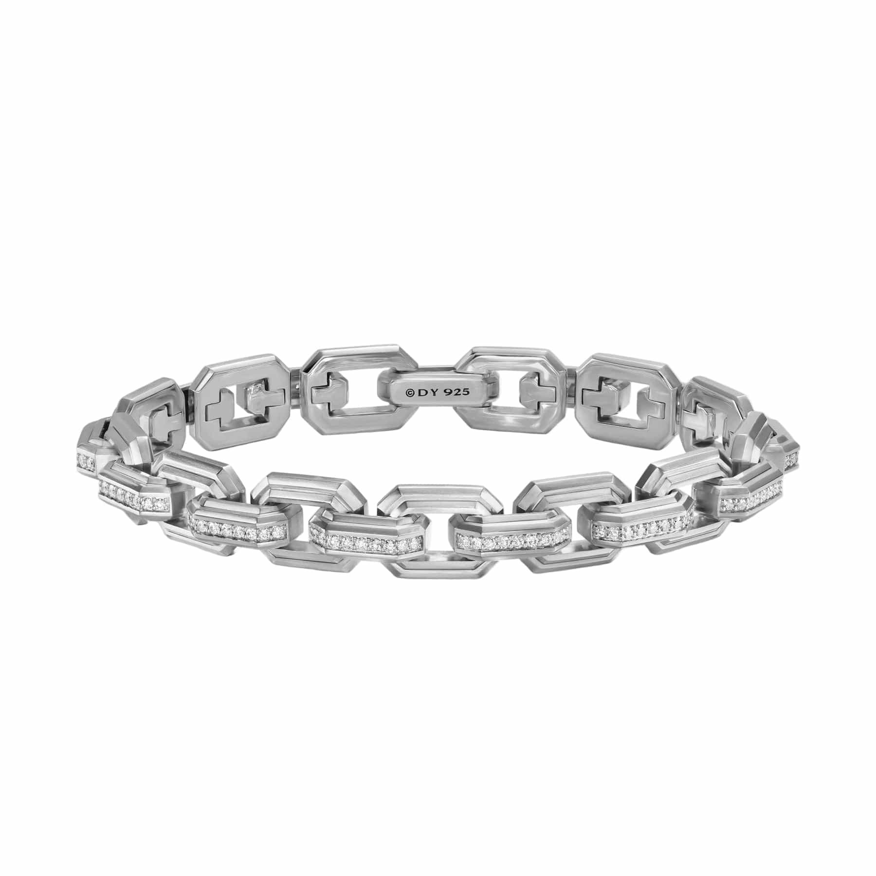 Faceted Flat Link Bracelet Sterling Silver with Diamonds, 11mm