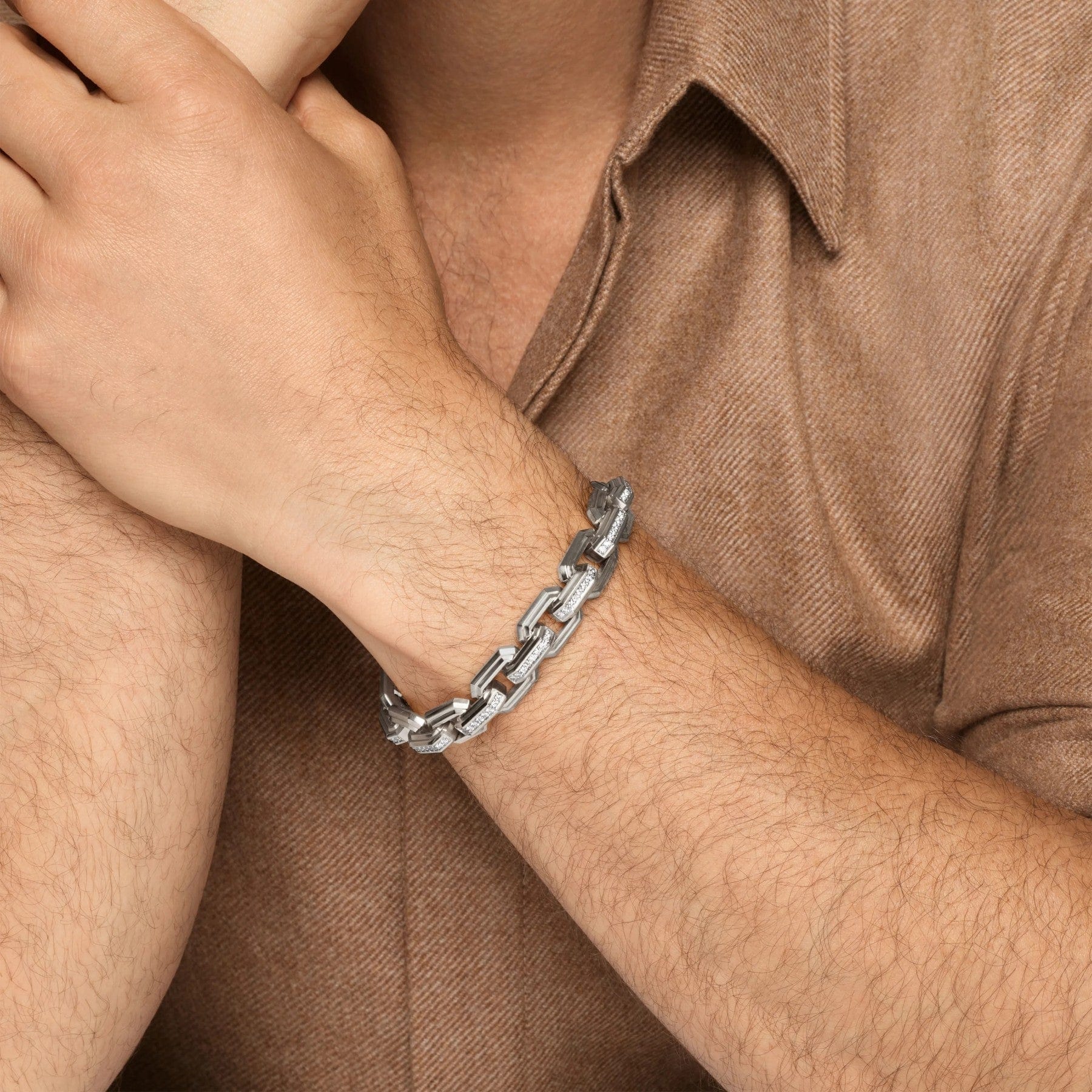 Faceted Flat Link Bracelet Sterling Silver with Diamonds, 11mm - Image 3