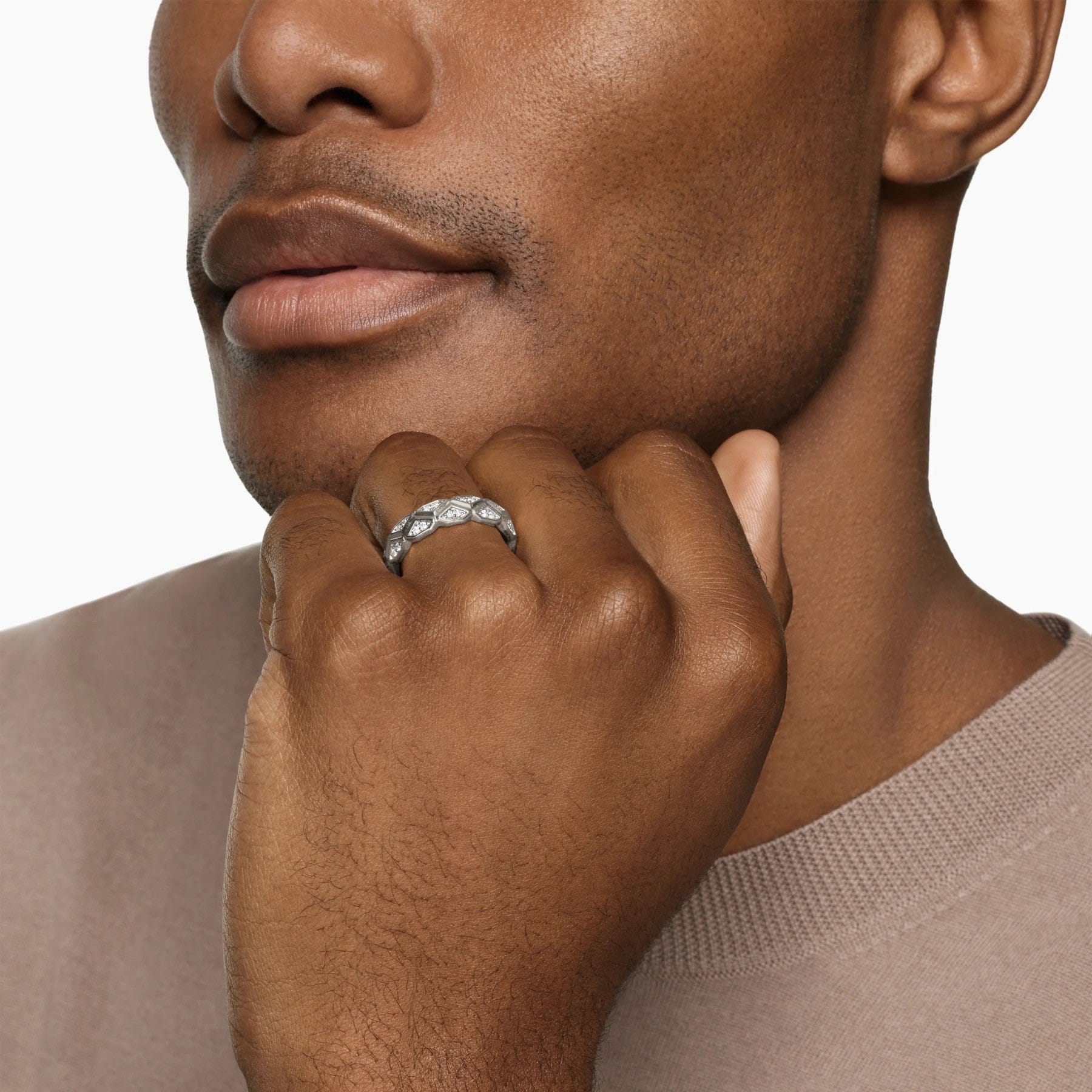 Hex Band Ring Sterling Silver with Diamonds, 6mm - Image 3