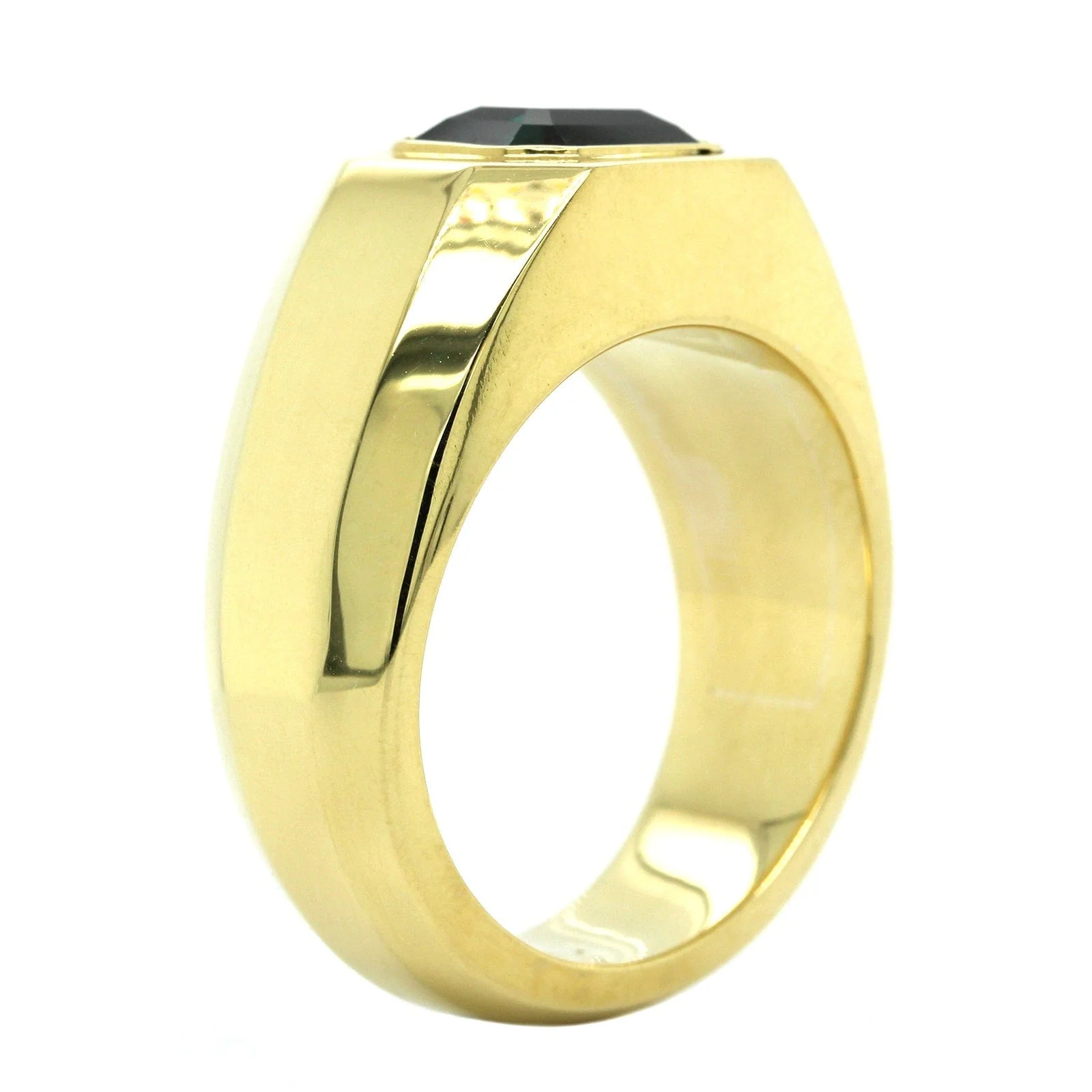 18K Yellow Gold Bezel Set Emerald Cut Teal Sapphire Ring - Image 2