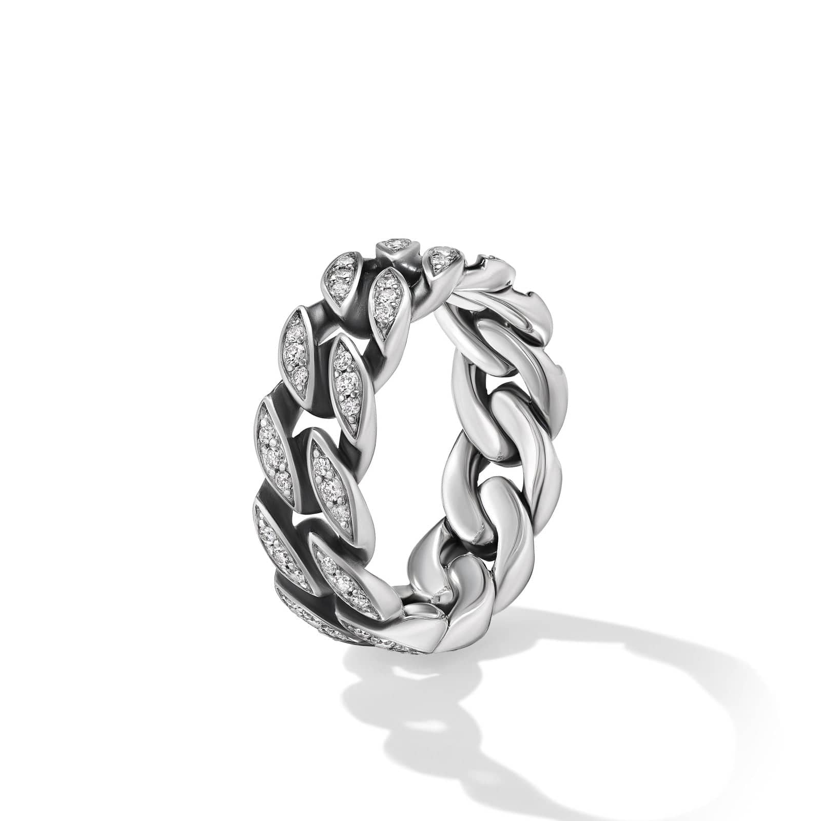 Curb Chain Band Ring in Sterling Silver with Diamonds, 8mm - Image 2