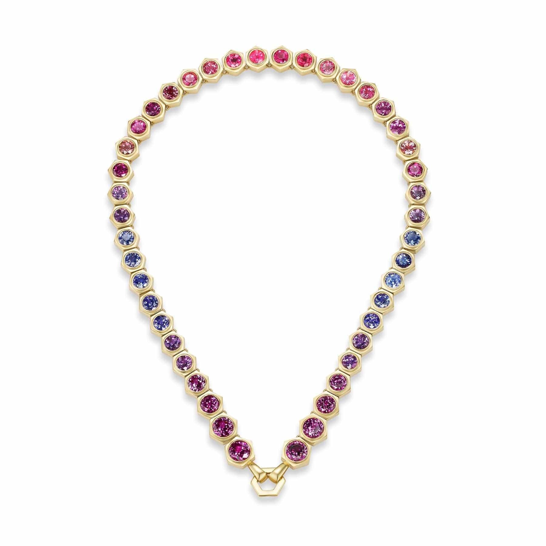 Harwell Godfrey 18K Yellow Gold Multi Colored Stone Hexagon Tennis Necklace