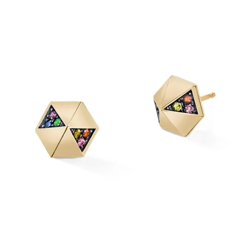 Harwell Godfrey 18K Yellow Gold Rainbow Sapphire Pyramid Stud Earrings