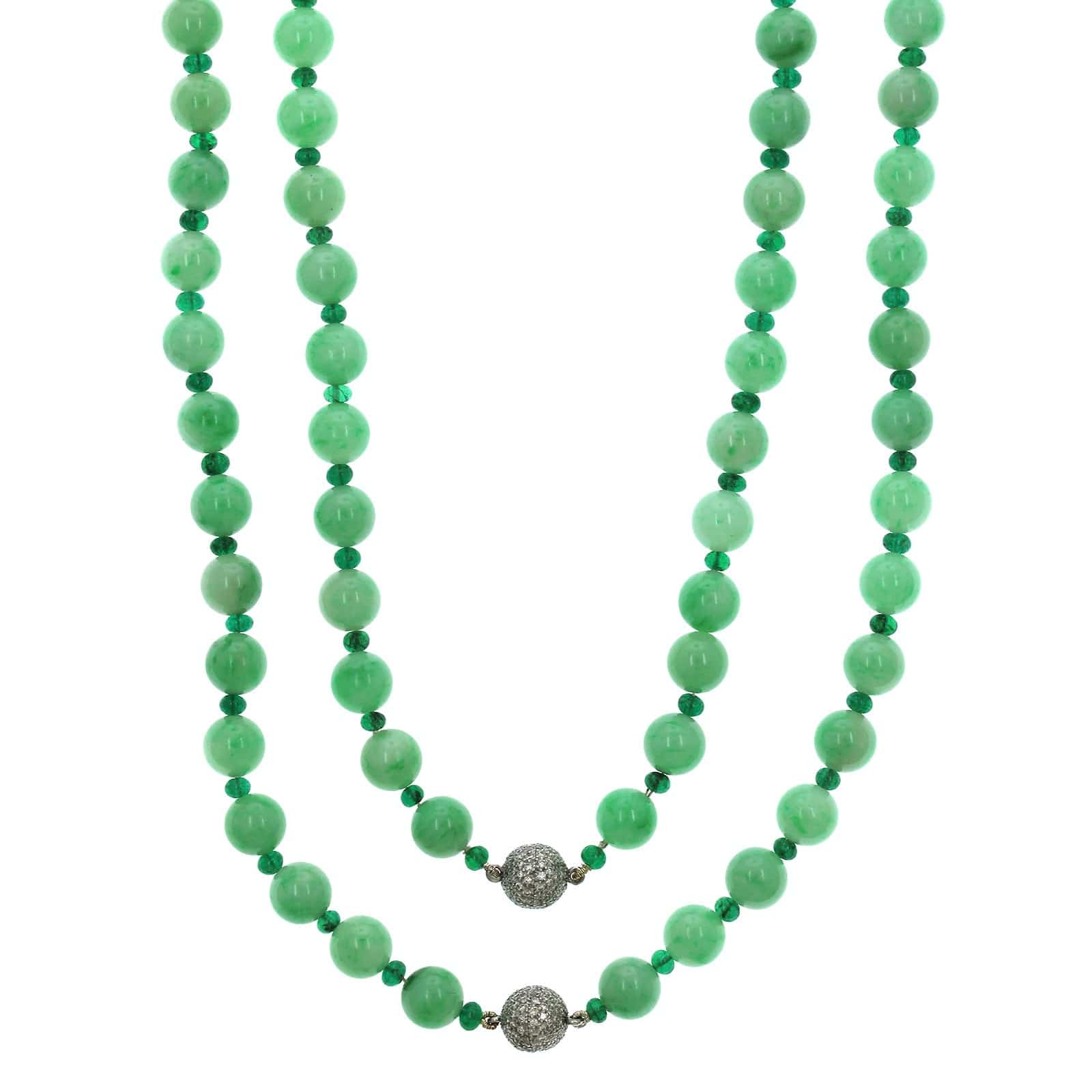 18K White Gold Jade and Emerald Bead Necklace - Image 2
