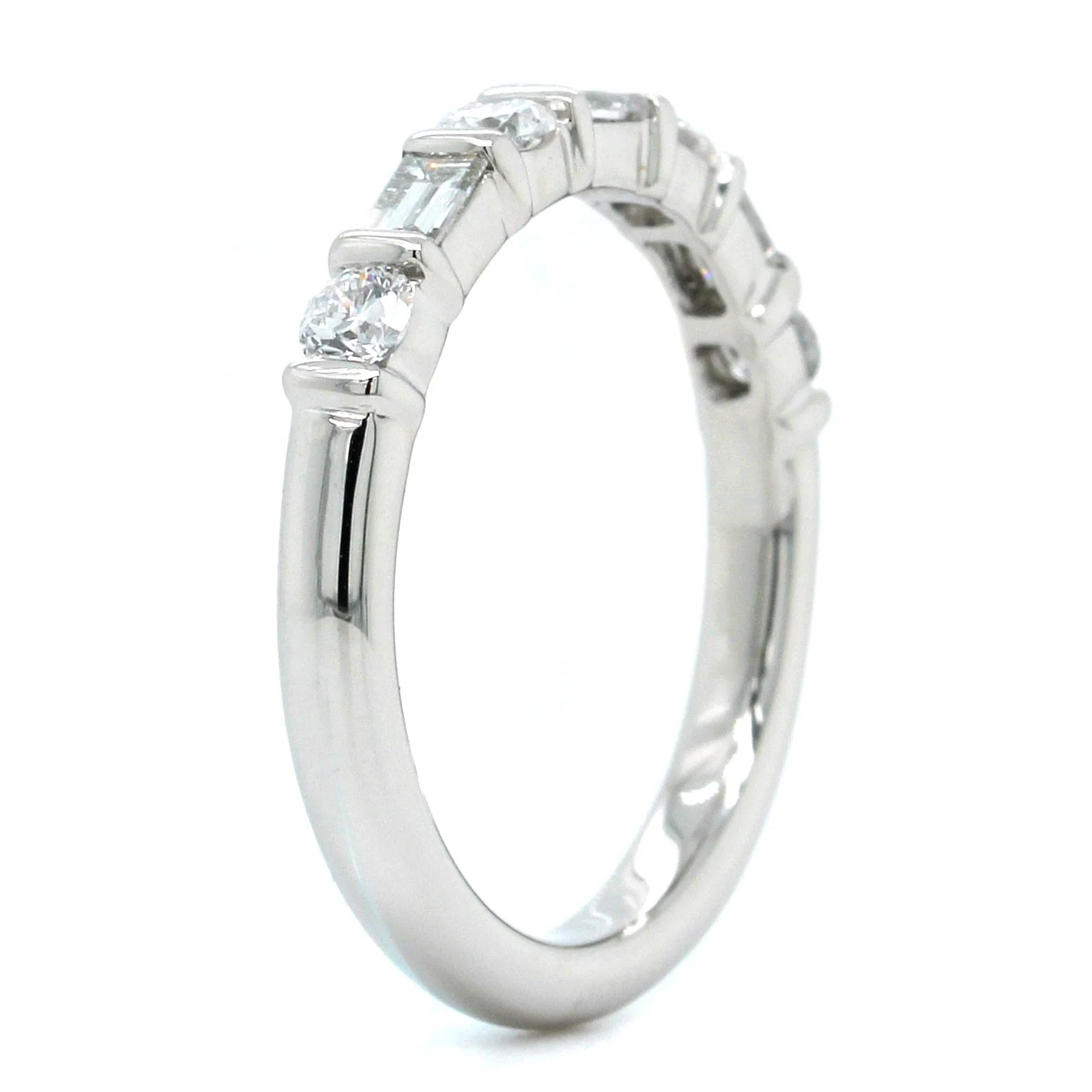 Platinum Alternating Round and Baguette Diamond Wedding Ring - Image 2