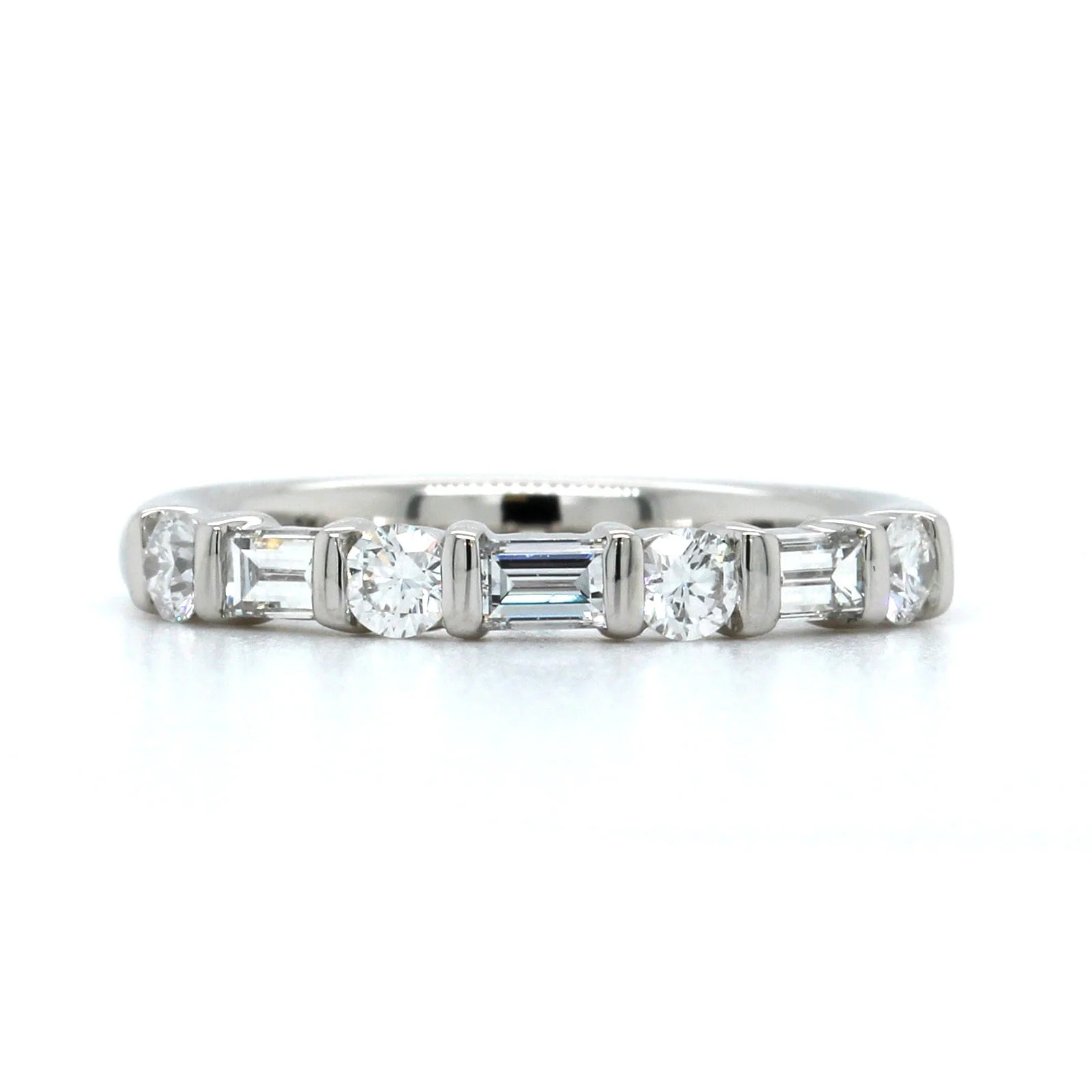 Platinum Alternating Round and Baguette Diamond Wedding Ring - Image 5