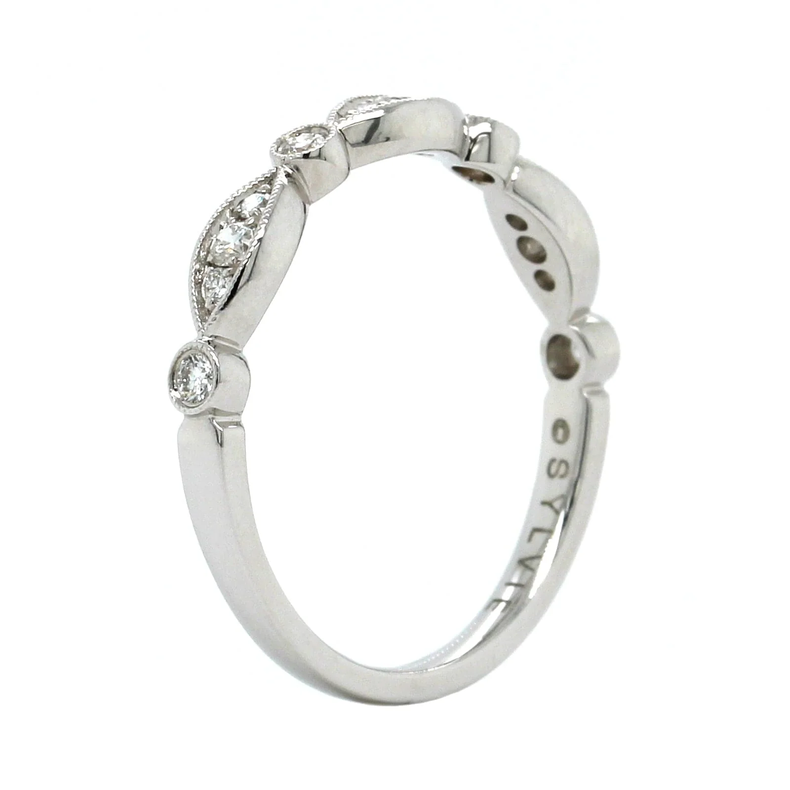 18K White Gold Marquise and Round Milgrain Wedding Band - Image 2