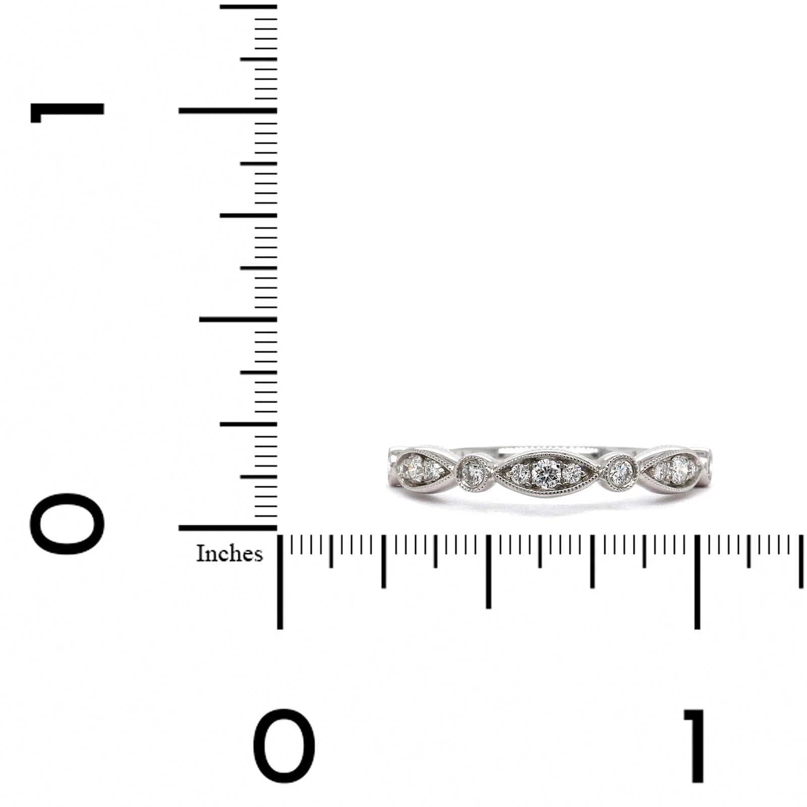 18K White Gold Marquise and Round Milgrain Wedding Band - Image 3