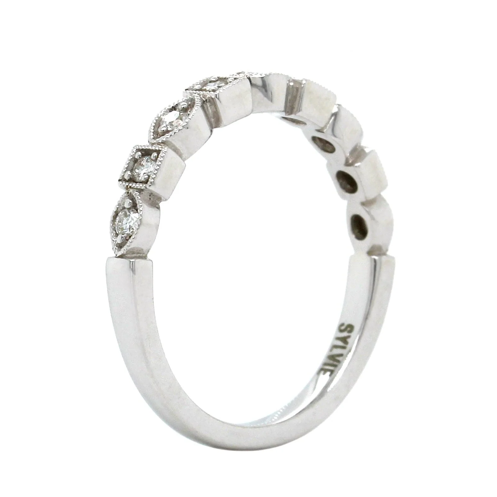 18K White Gold Alternating Square and Marquise Wedding Band - Image 2