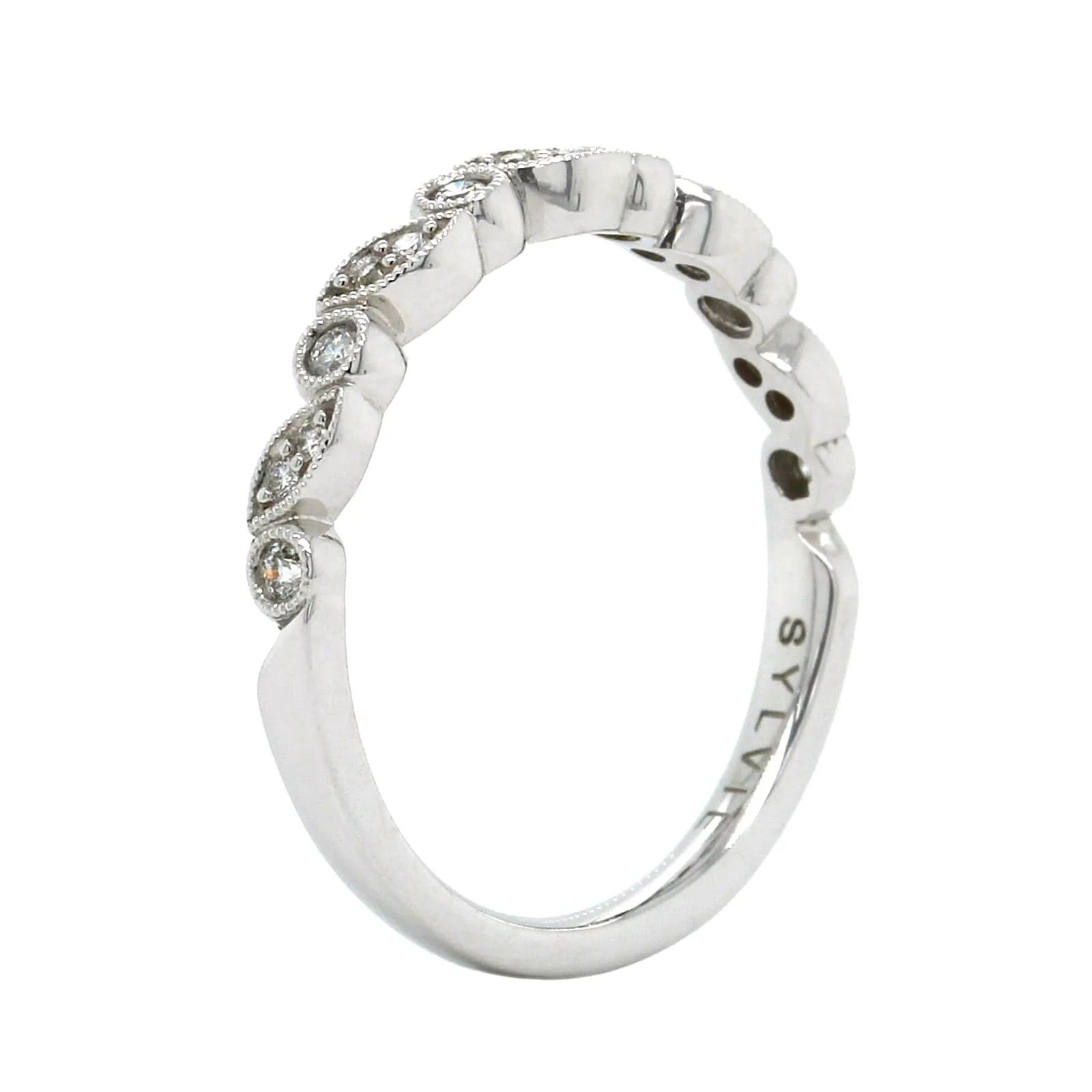 18K White Gold Round and Marquise Milgrain Wedding Band - Image 2