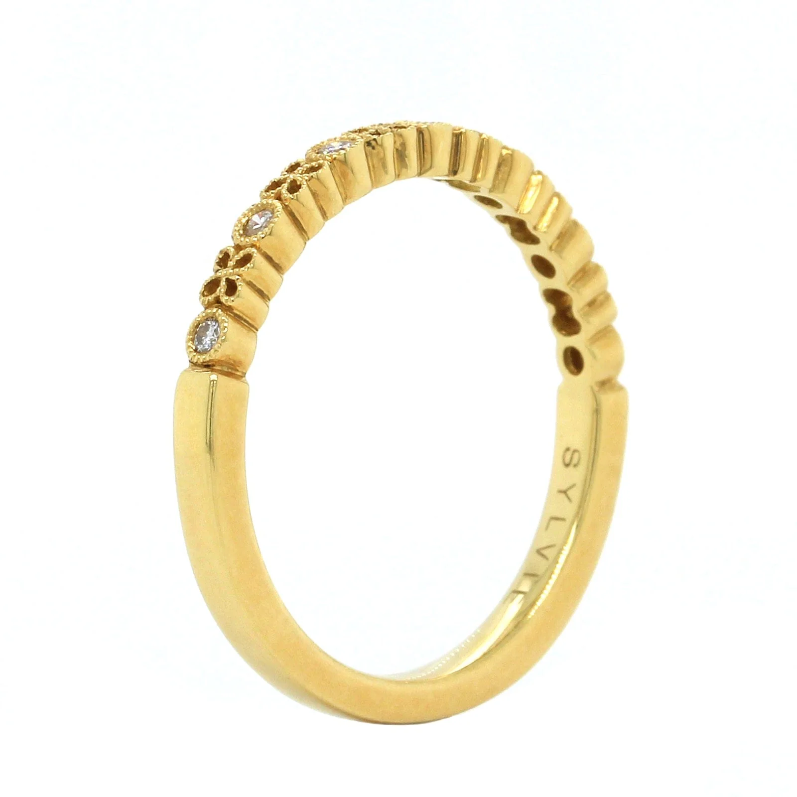 18K Yellow Gold Alternating Round and Floral Milgrain Wedding Band - Image 2