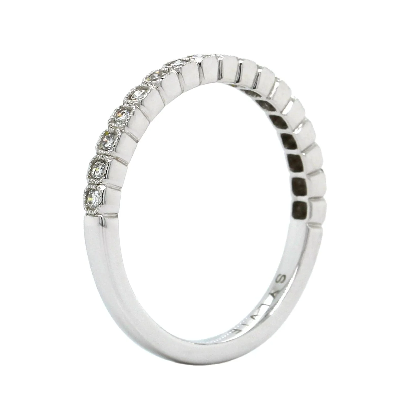 18K White Gold Bezel Set Milgrain Wedding Band - Image 2