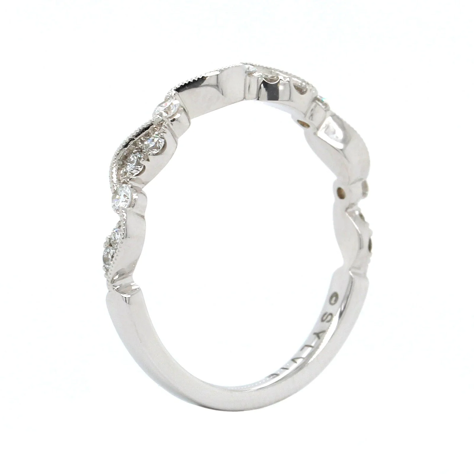 18K White Gold Waved Bead and Bezel Set Wedding Band - Image 2