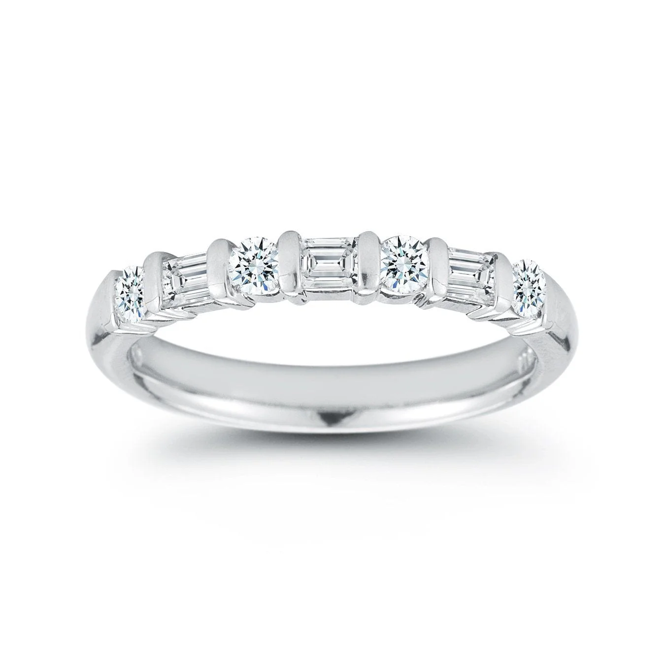 Platinum Alternating Round and Baguette Cut Diamond Wedding Ring - Image 2