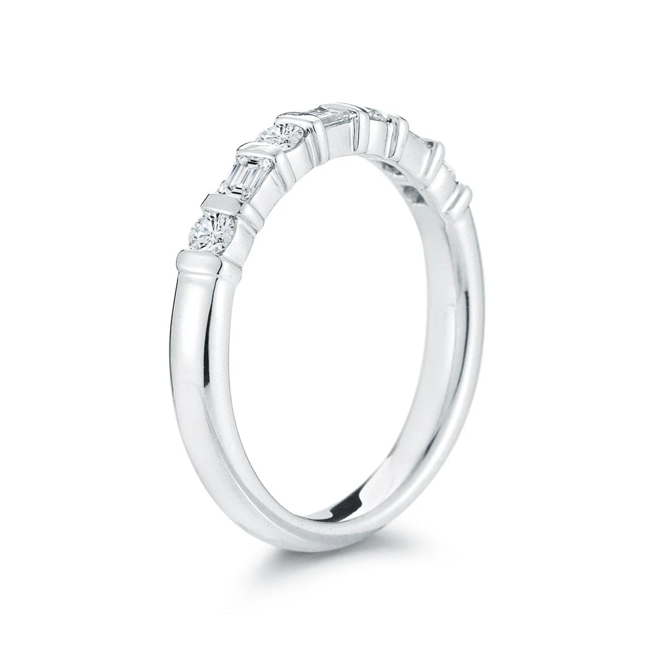 Platinum Alternating Round and Baguette Cut Diamond Wedding Ring - Image 3