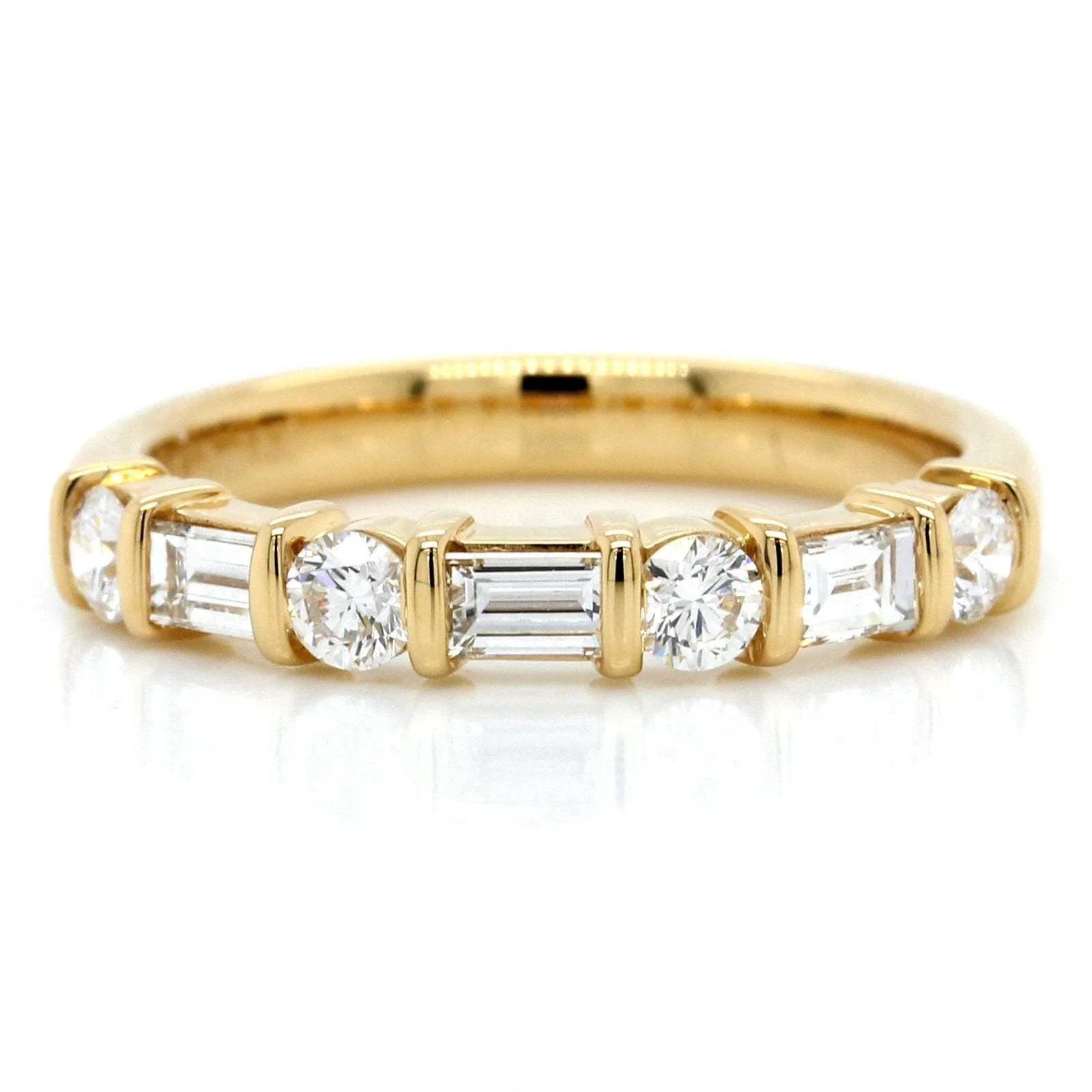 18K Yellow Gold Alternating Round and Baguette Cut Diamond Wedding Ring