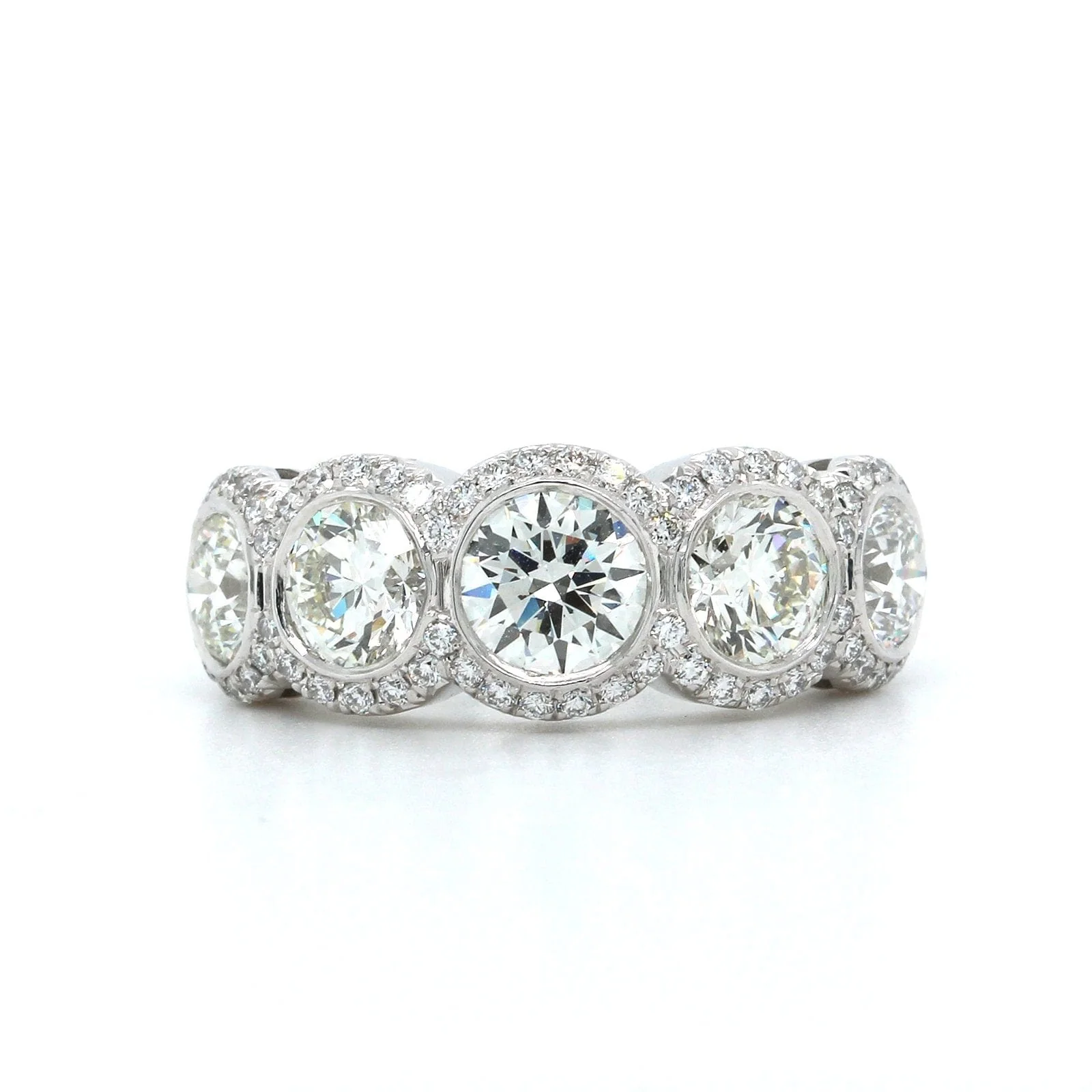 Platinum 5 Stone Bezel Set with Halo Diamond Band - Image 4