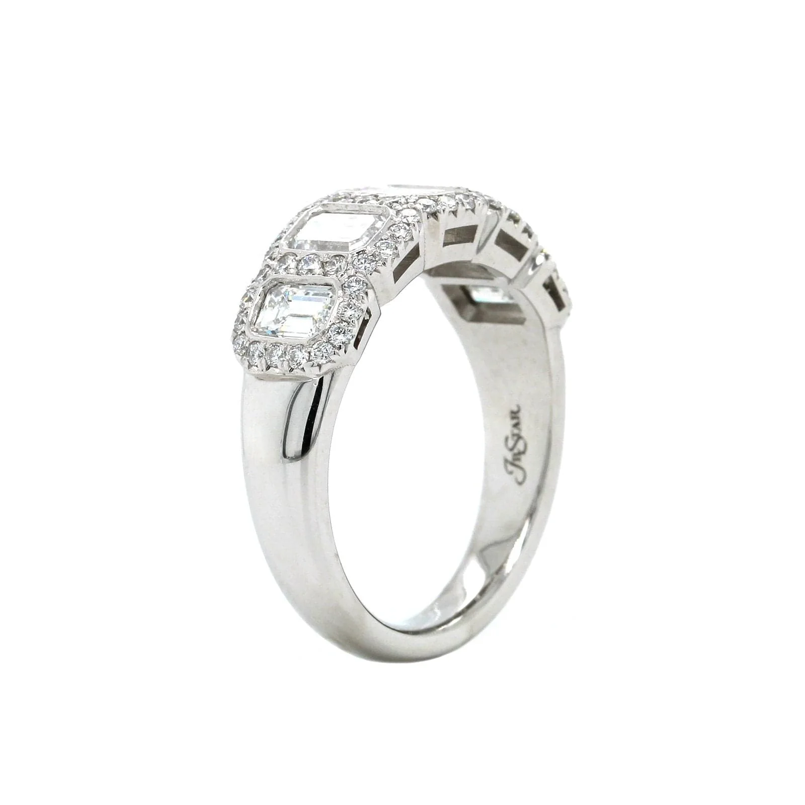 Platinum 5 Stone Emerald Cut Diamond with Diamond Halo Band - Image 2