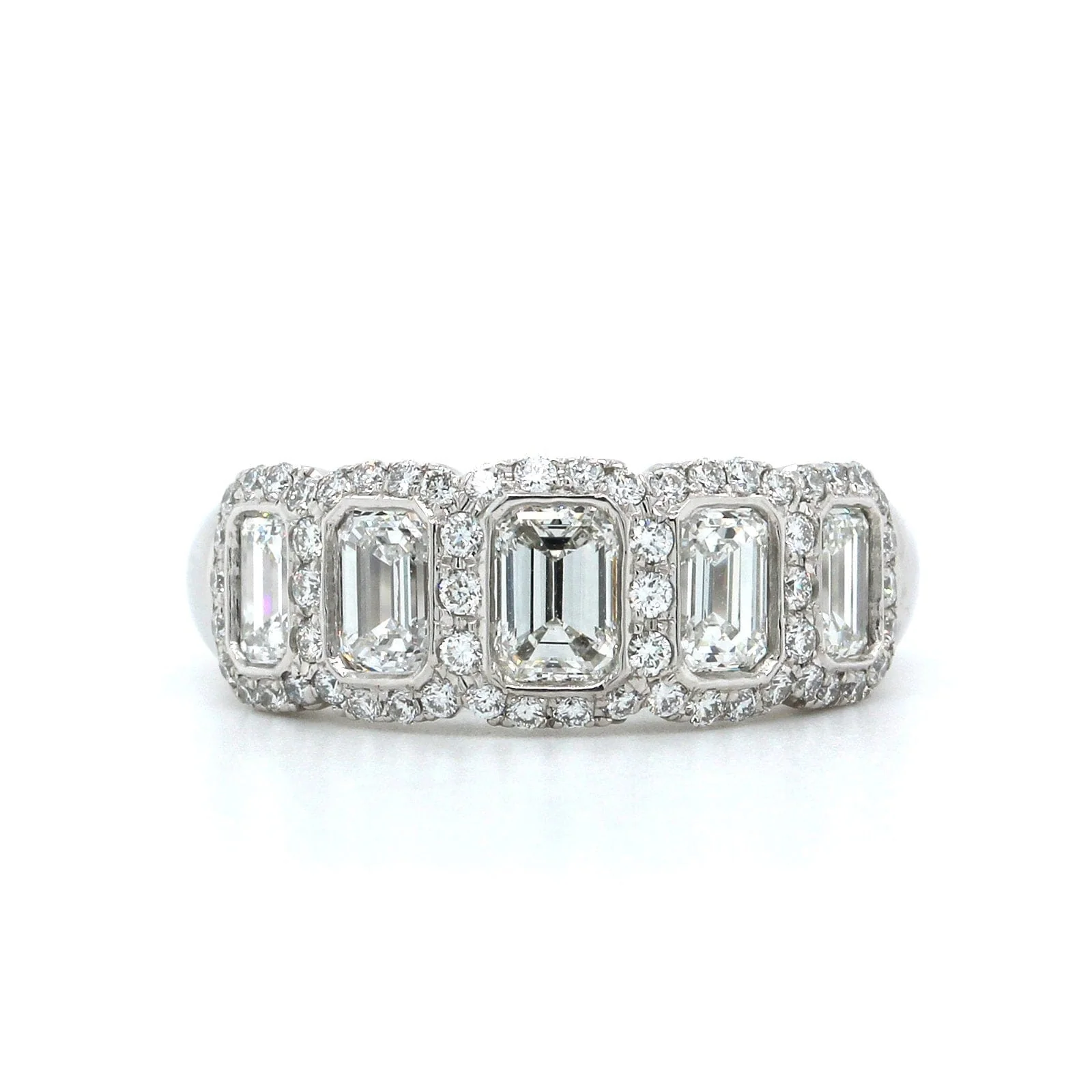 Platinum 5 Stone Emerald Cut Diamond with Diamond Halo Band - Image 4