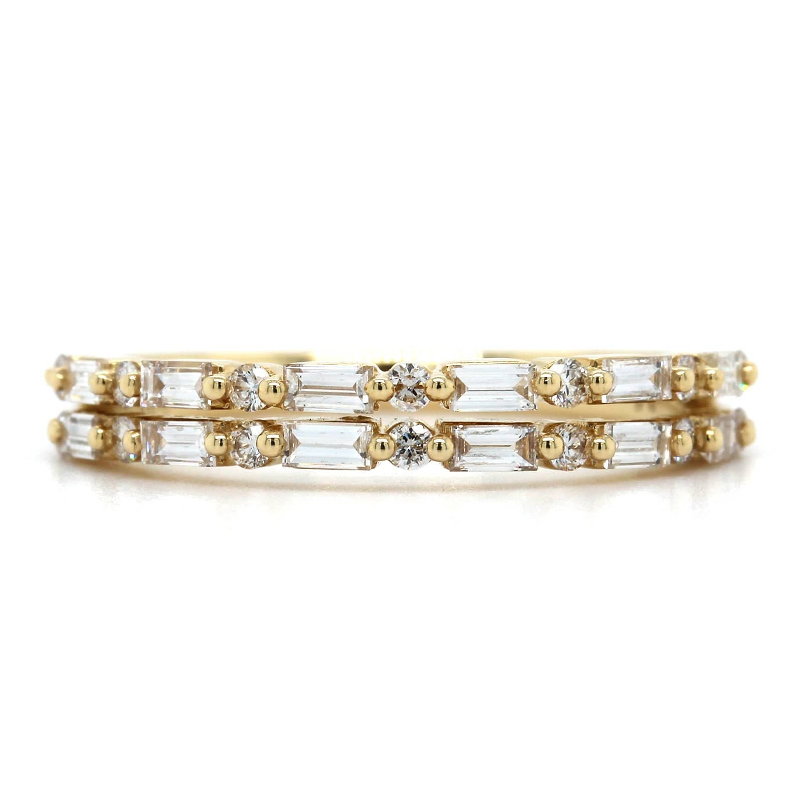 14K Yellow Gold 2 Row Baguette and Round Diamond Band - Image 4