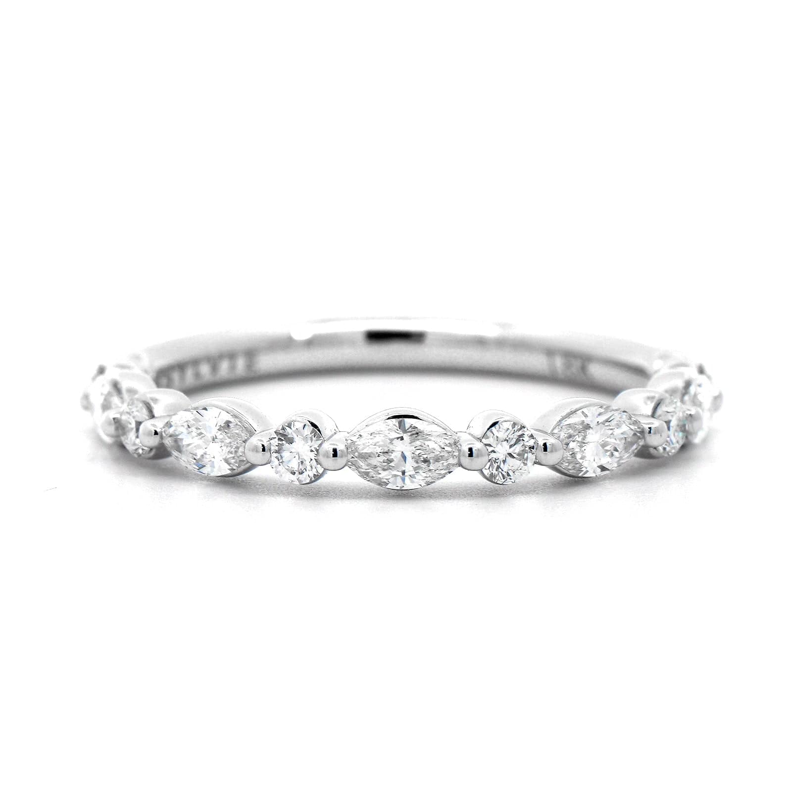 18K White Gold Single Prong Alternating Round and Marquise Diamond Wedding Ring