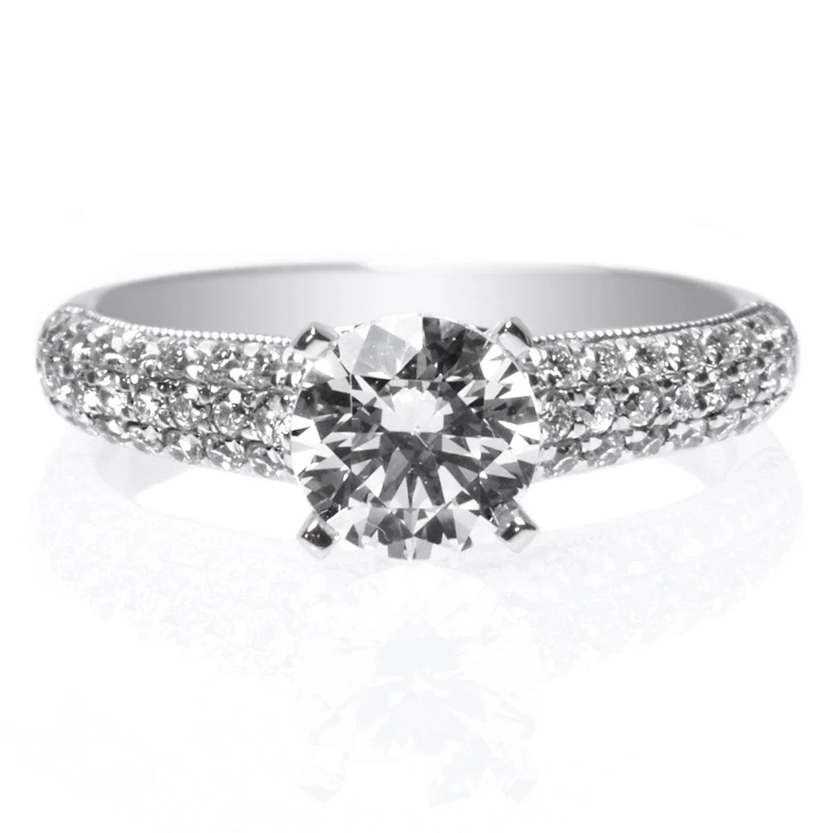Platinum Four-Prong Three-Row Pave Engagement Ring Setting