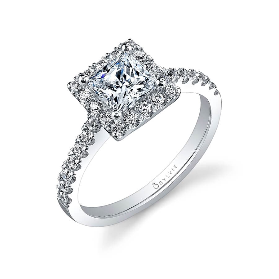 18K White Gold Square Diamond Halo Engagement Ring Setting