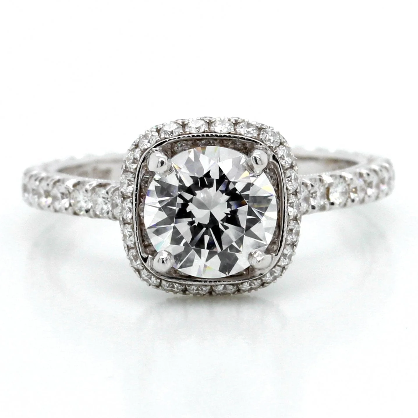 18K White Gold Pave Cushion Halo Engagement Ring Setting - Image 2