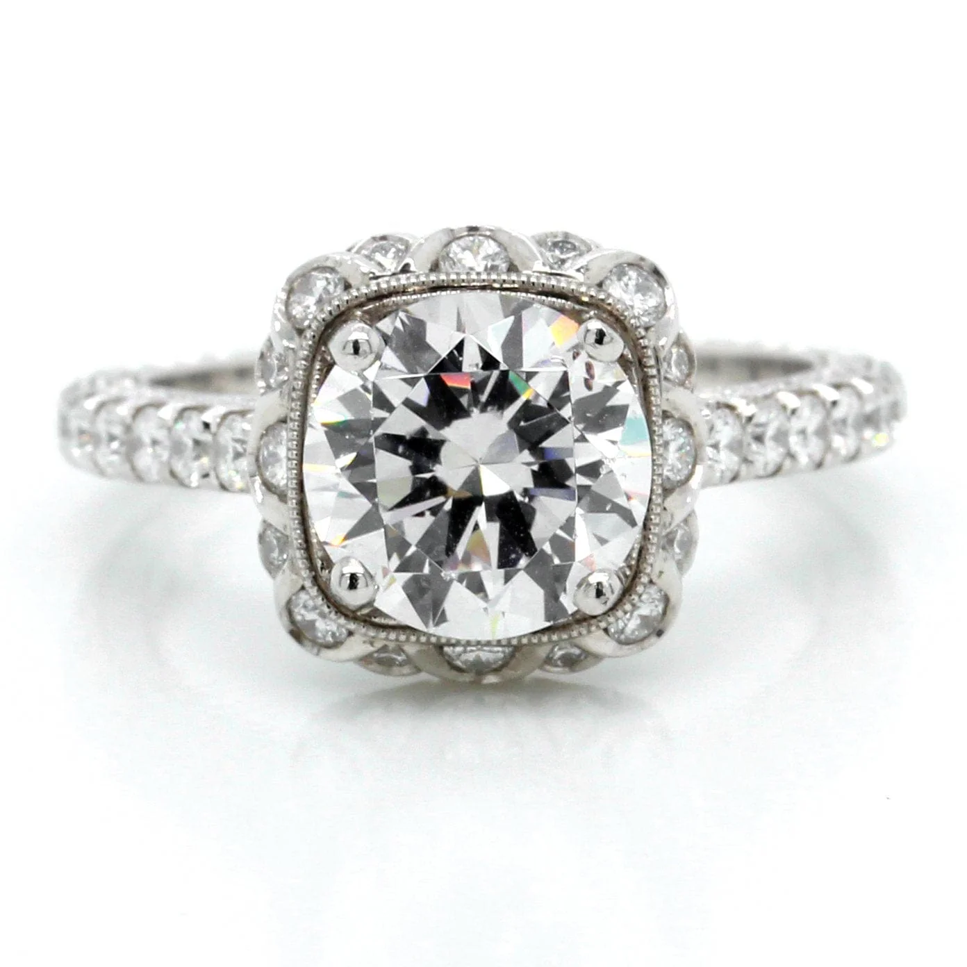 Platinum Cushion Halo 3 Sided Milgrain Engagement Ring Setting - Image 2