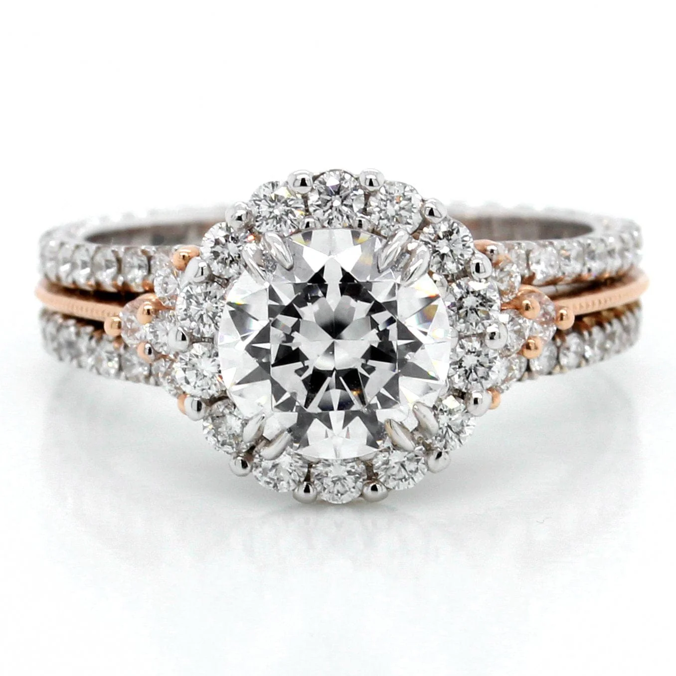 18K White Gold and 14K Rose Gold Tri Shank Halo Engagement Ring Setting - Image 2